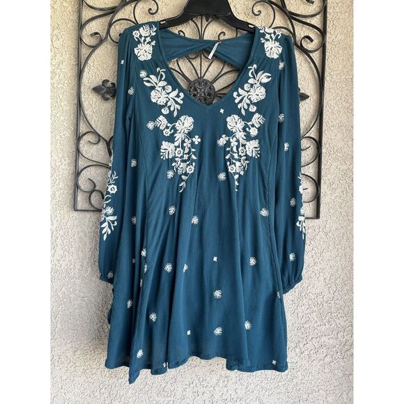 Free People Sweet Tennessee Boho Embroidered Dress - Size S- Teal Blue - Picture 3 of 12